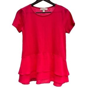 Michael Kors Red T Shirt with Layered Chiffon Hem Size Small Short Sleeve